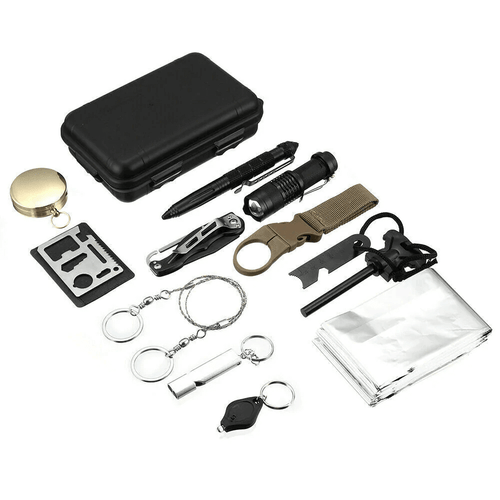 flashlight pen fire starter sleeping bag multi tool whistle