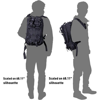 The 20L backpack scaled on a 68.11 inches silhouette, back view and side view