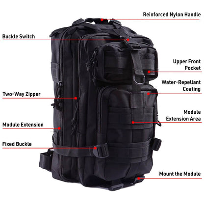 The 20L backpack shows the front parts: buckle switch, two-way zipper, module extension, fixed buckle, reinforced nylon handle, upper front pocket, water-repellant coating, module extension area, mount the module