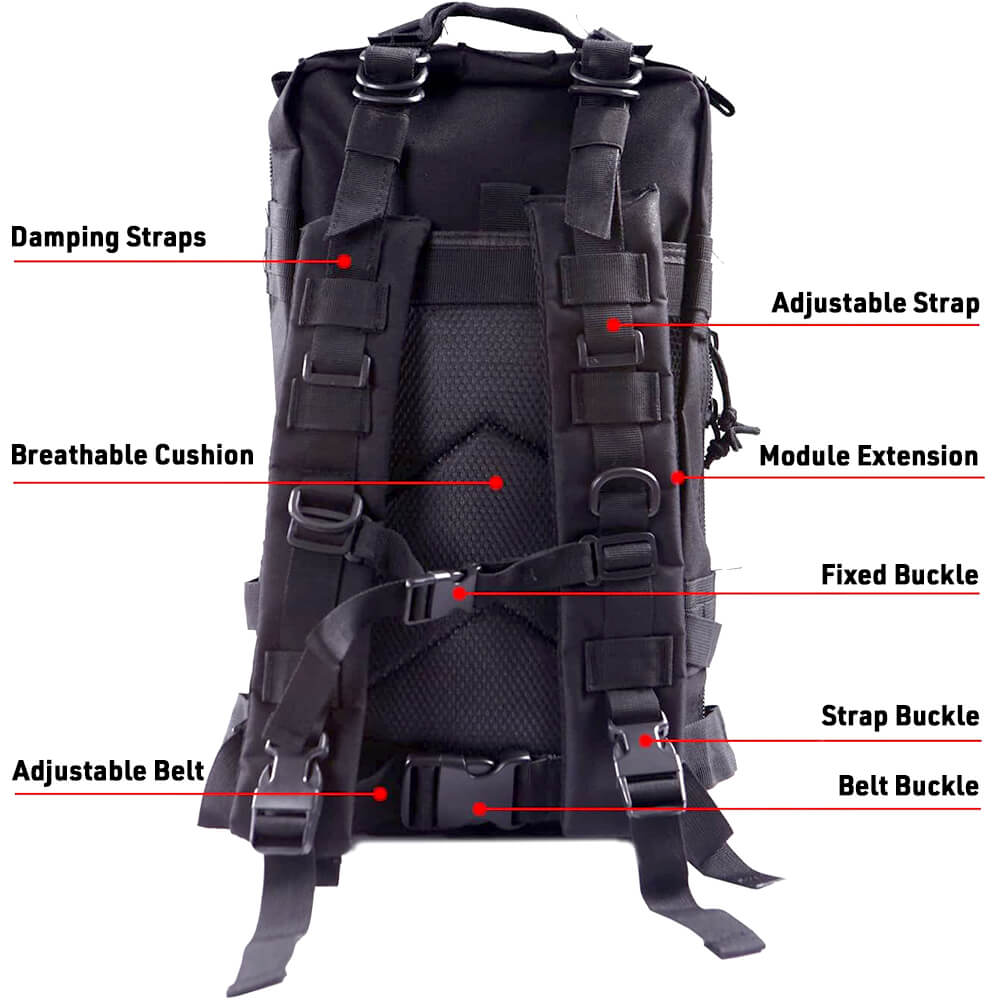 The 20L backpack shows the back parts: damping straps, breathable cushion, adjustable belt and strap, module extension, fixed buckle, strap buckle, and belt buckle