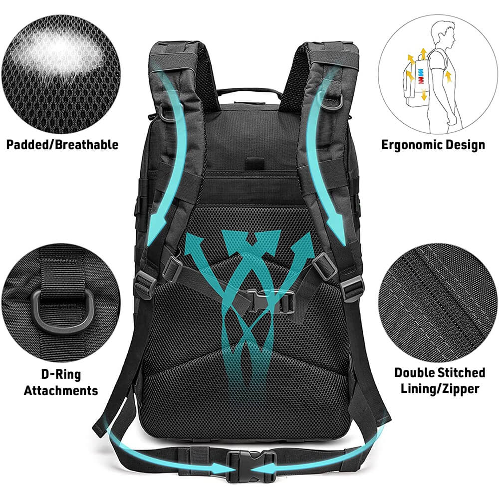 The 40L backpack shows the ergonomic design with padded/breathable material of the back, has D-ring attachments, and double stitched lining/zipper
