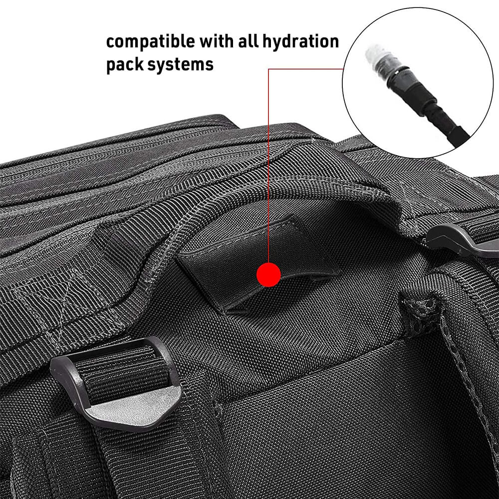 The top part of the 40L backpack is compatible with all hydration pack systems