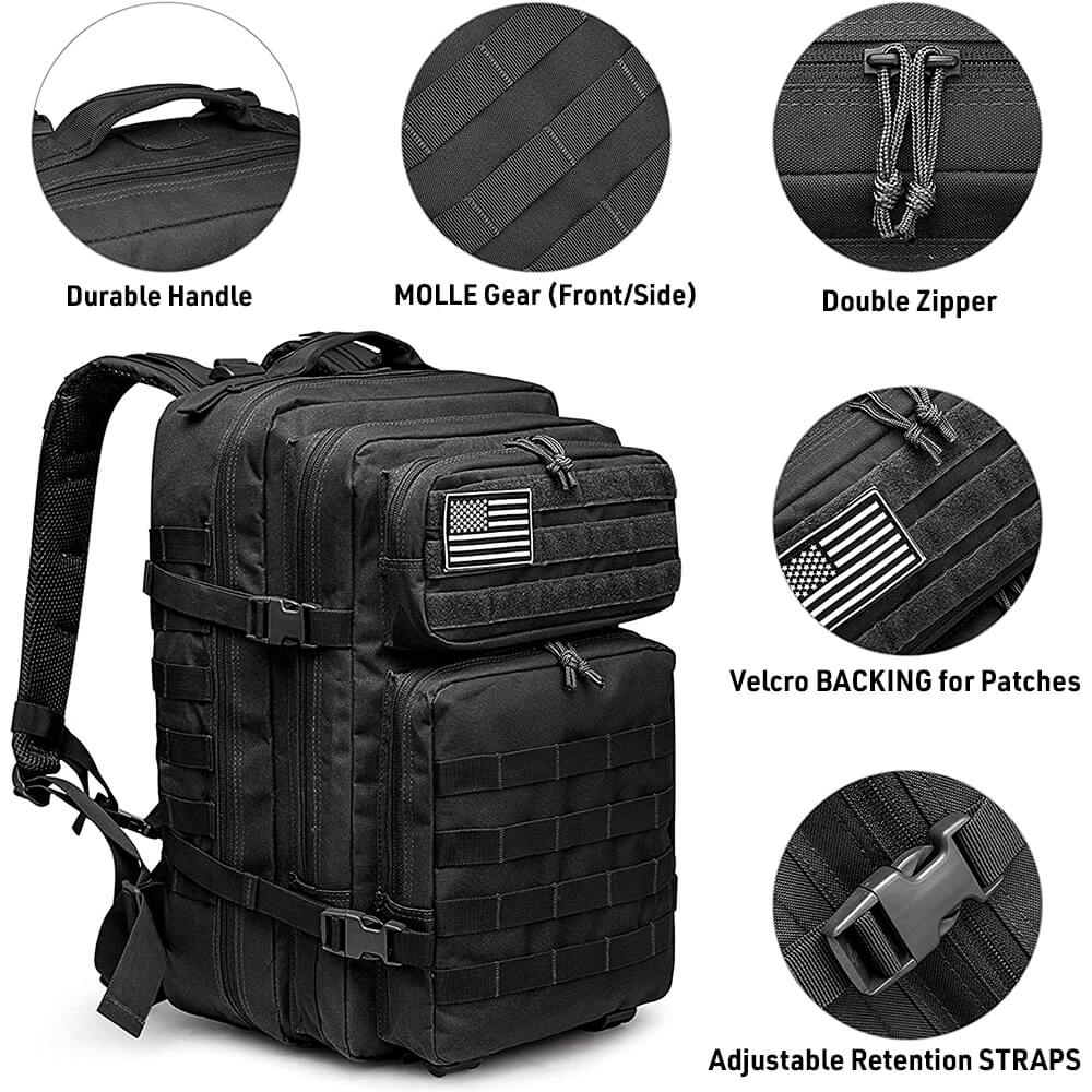 The 40L backpack has a durable handle, MOLLE Gear in the front and side, has double zipper, adjustable retention STRAPS, and Velcro Backing for patches
