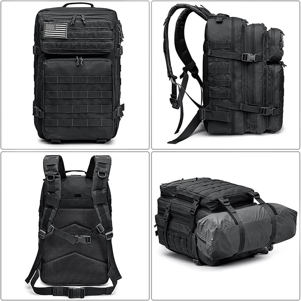 4 image in 1. The top left image shows the front side of the 40L bag, the top right image shows the sides in its maximum width, the bottom left image shows the back side of the bag, and the bottom right shows the bottom of the bag with an additional baggage inserted within the dual straps