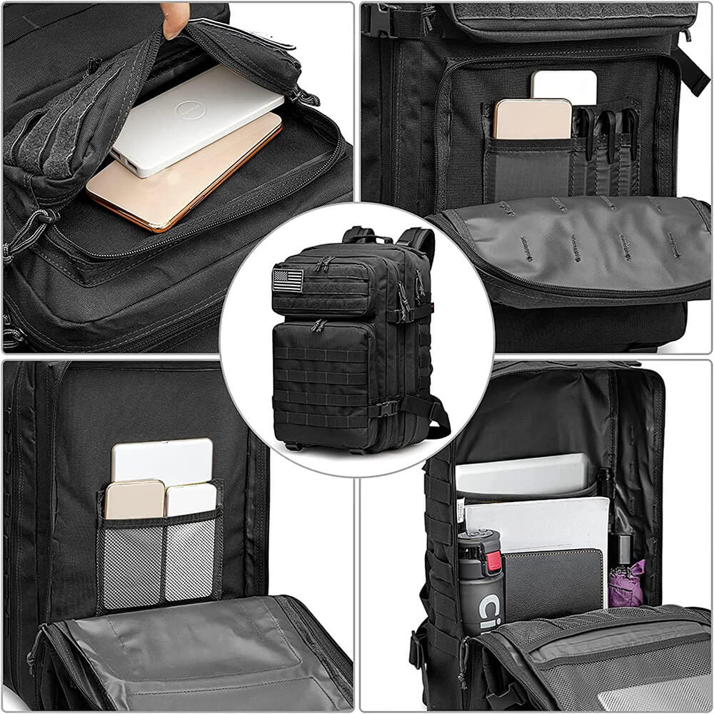 5 in 1 image. The top left image shows the front’s top pocket with power banks, the top right shows the front’s bottom pocket with cellphones and pens, the bottom left shows the first compartment with cellphones and iPad, the bottom right shows the main compartment with water bottle and books, and the middle image shows the 40L backpack front side view