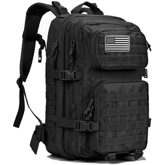 The 40L backpack front side view, shows two front pockets