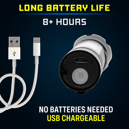 Long battery life. 8+ hours. No batteries needed. USB rechargeable.