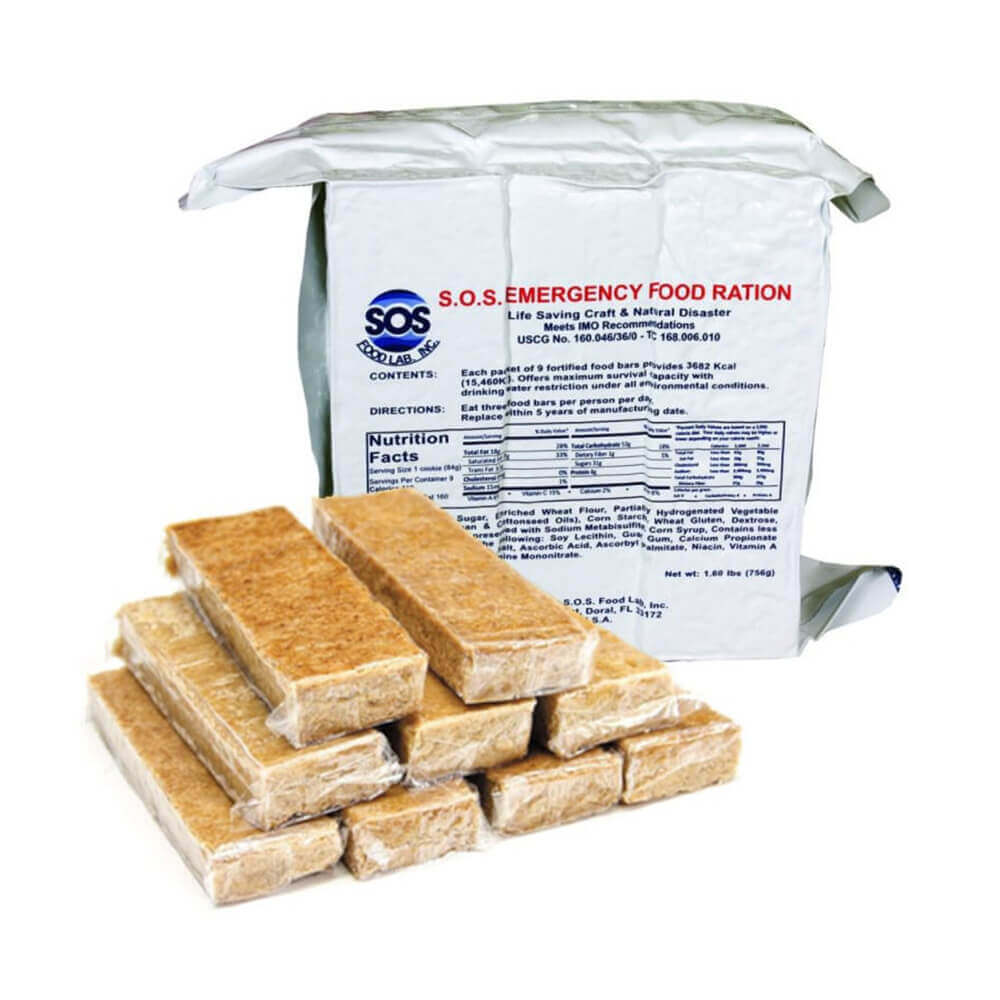 Nine food ration bars beside one SOS food ration pack