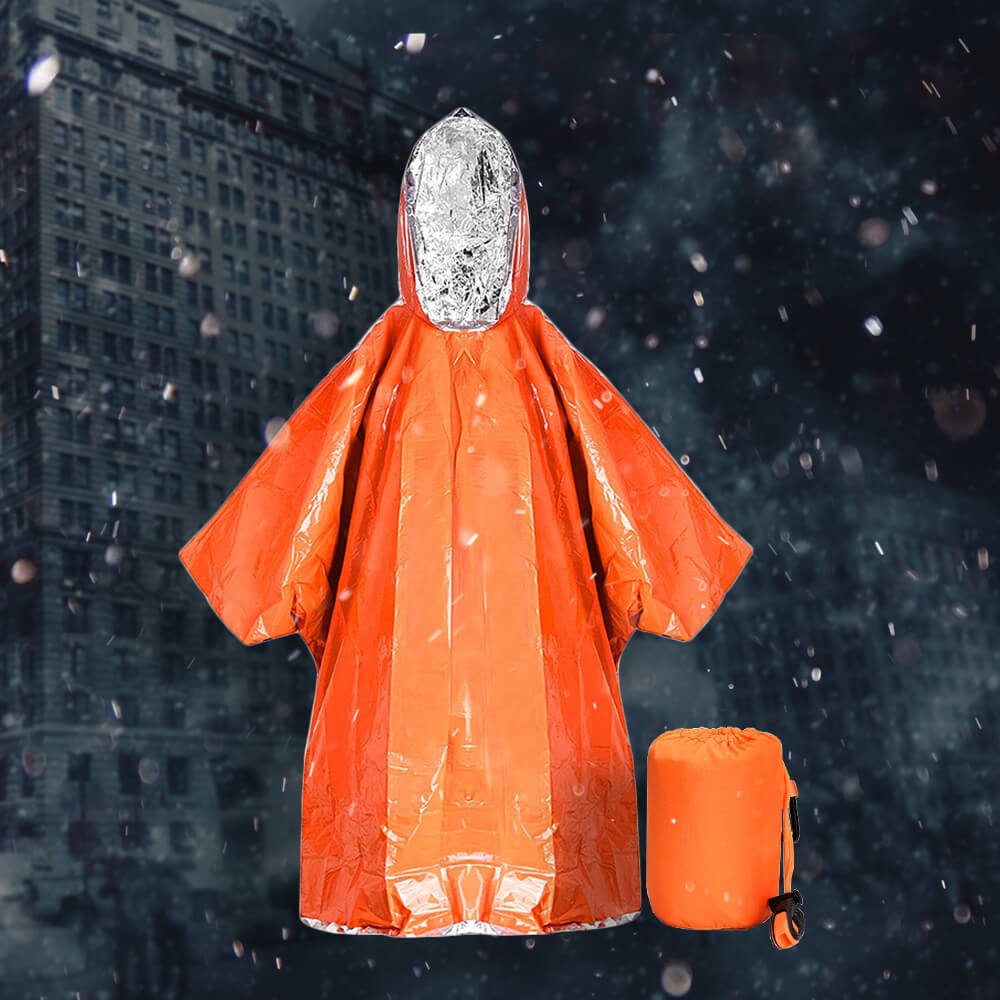 The compact emergency survival jacket opened and one pouch of it