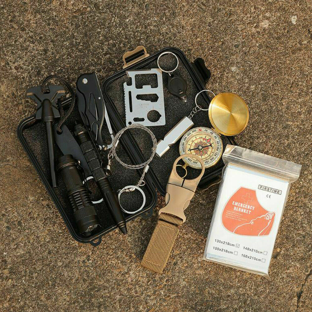 The 13-in-1 kit and all its items are laid out on top of each other. There’s a multifunctional compass, 120db rescue whistle, pocket mini light, emergency blanket, etc