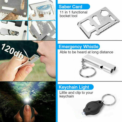 A saber card that serves as a 11-in-1 functional pocket tool, emergency whistle: to be able to be heard at a long distance, and a keychain light: a little light to clip to your keychain