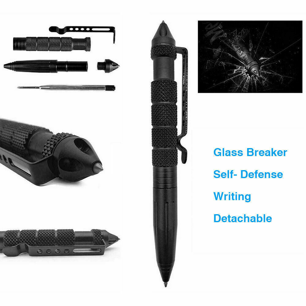 The tactical pen is detachable, is a glass breaker, and can be used for self-defense and writing