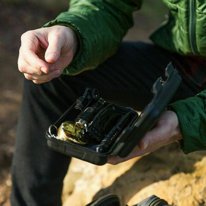 The 13-in-1 kit opened showing the kits on the hand of a man in a green jacket 