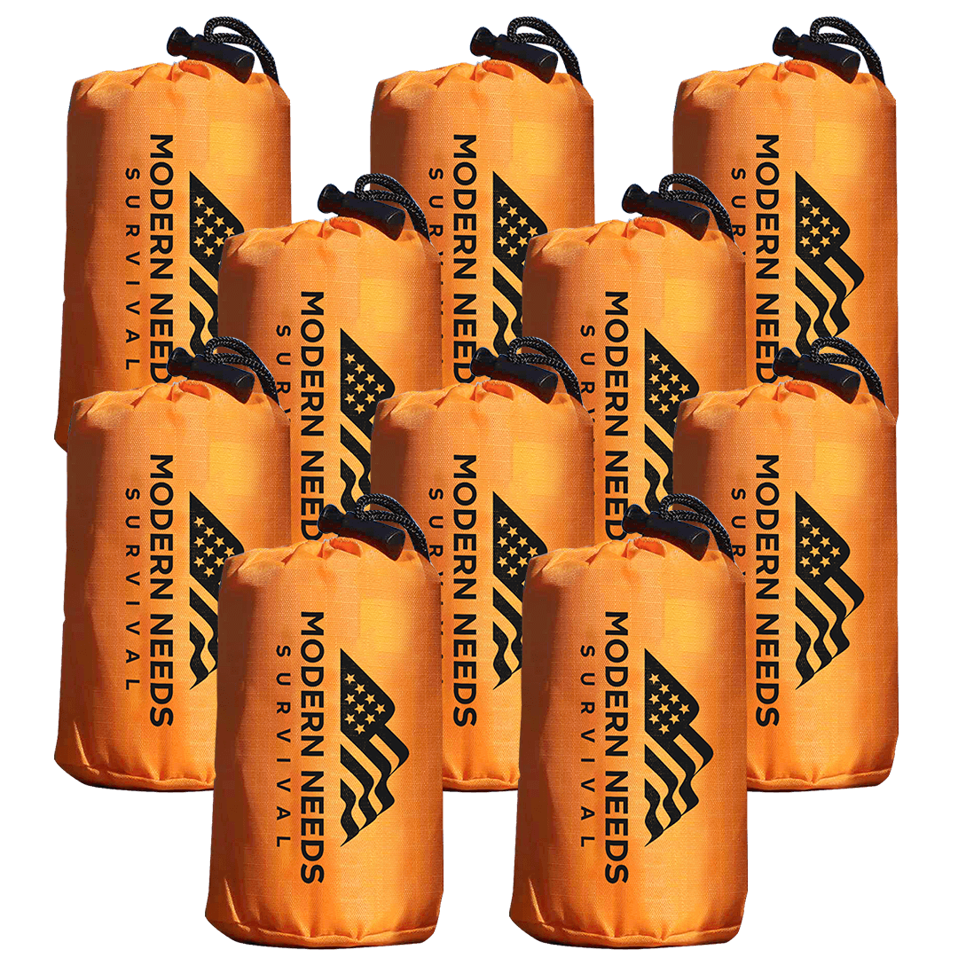 Upright images of ten Modern Needs emergency sleeping bags