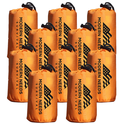 Upright images of ten Modern Needs emergency sleeping bags