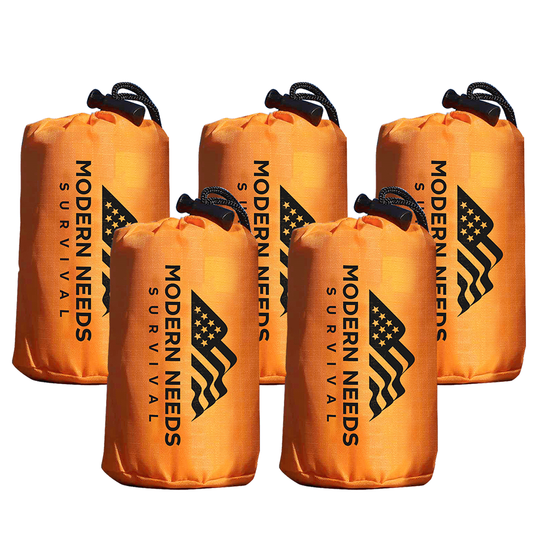 Upright images of five Modern Needs emergency sleeping bags
