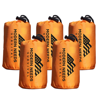 Upright images of five Modern Needs emergency sleeping bags